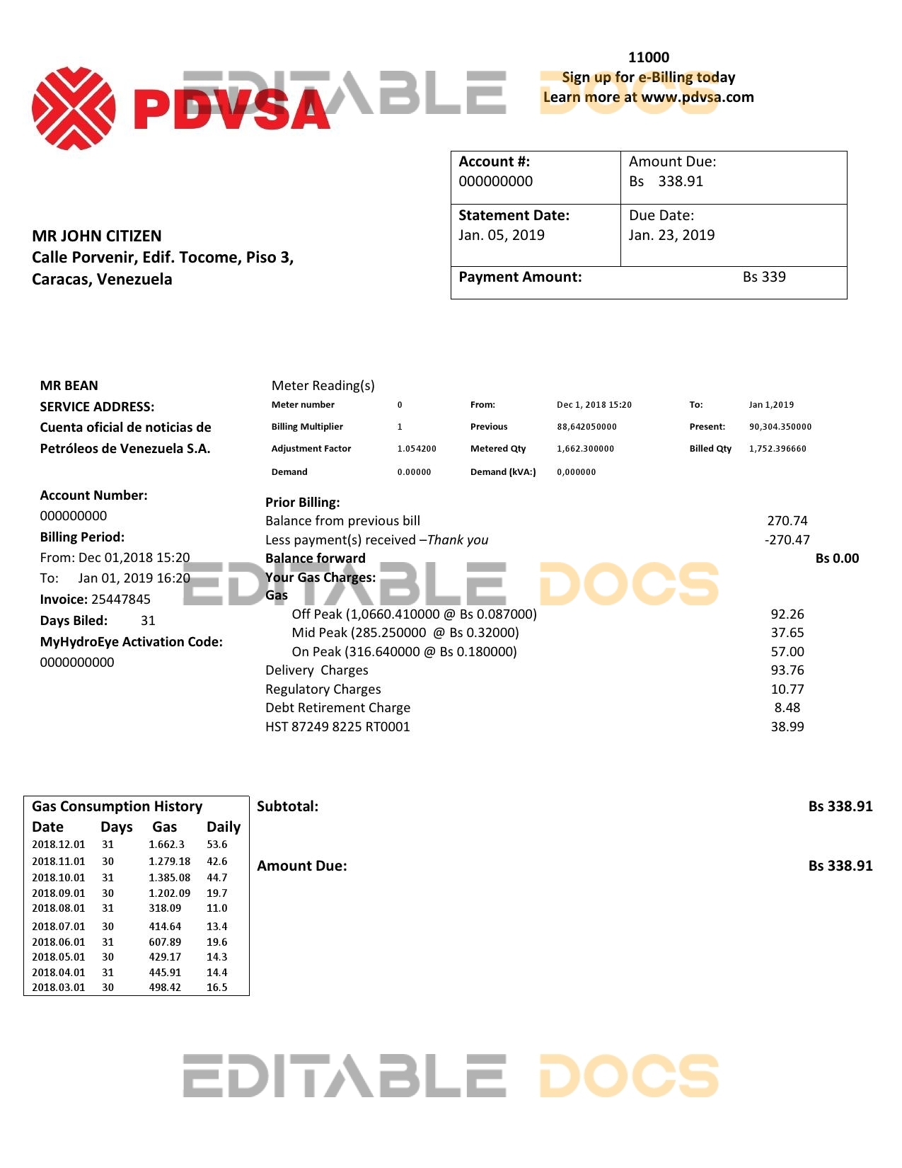 Venezuela PDVSA Gas utility bill template in Word and PDF format