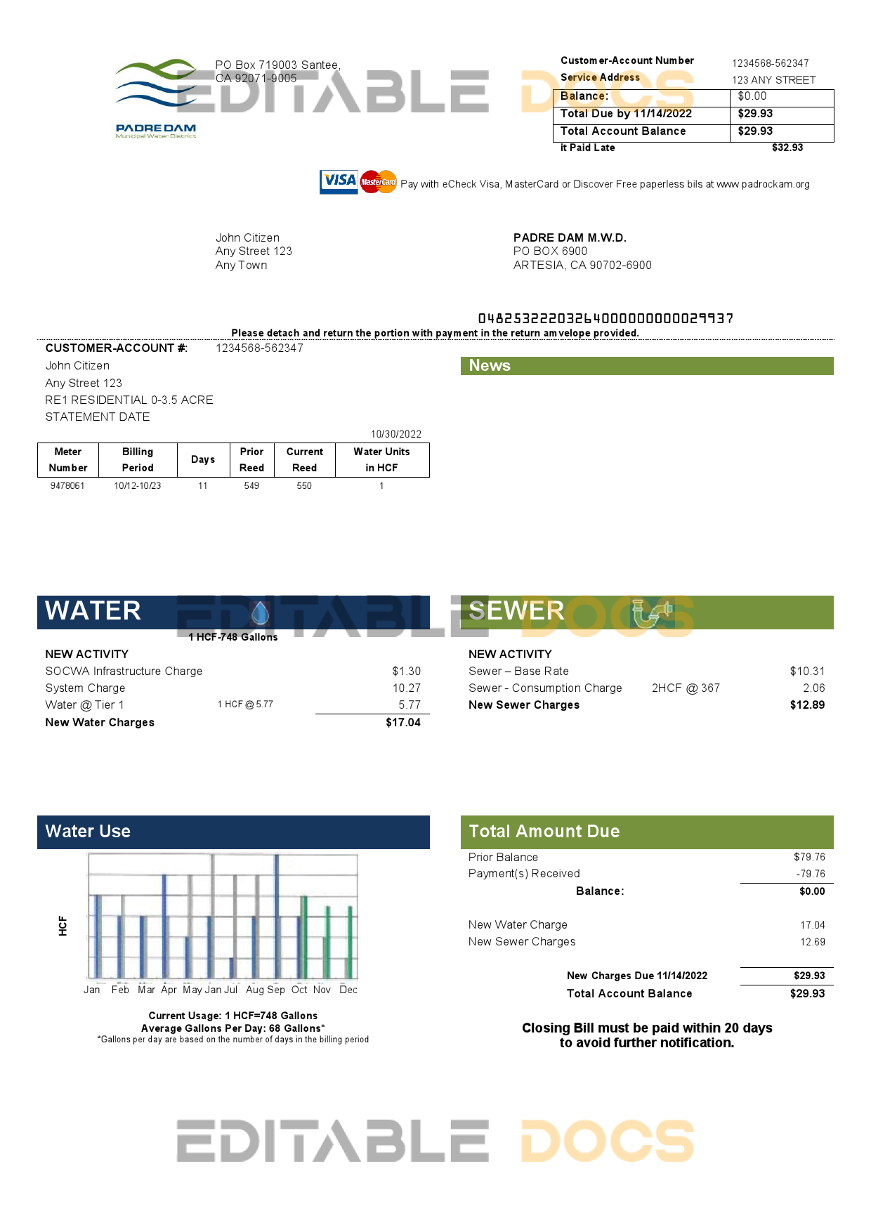 USA California Padredam utility bill template in Word and PDF format