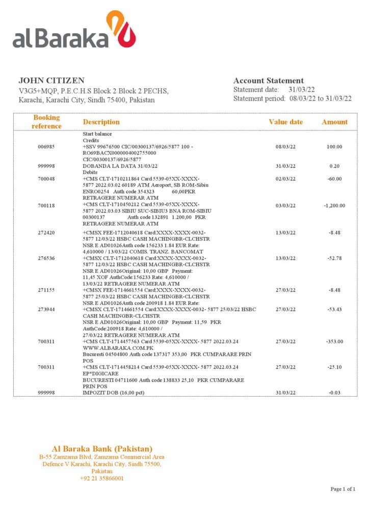Pakistan Al Baraka bank statement template in Word and PDF format