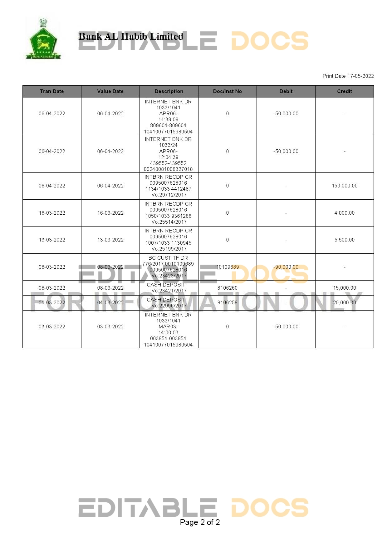 Pakistan Bank Al Habib bank statement, Word and PDF template, 2 pages