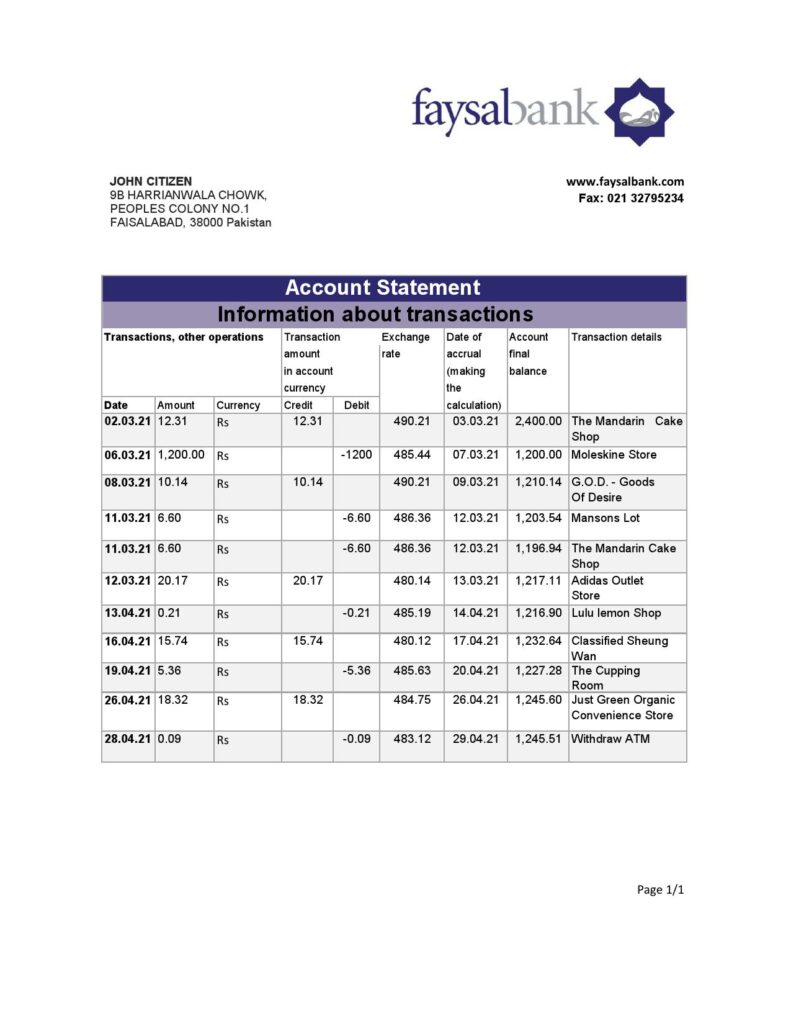Pakistan Faysal Bank statement easy to fill template in .xls and .pdf file format