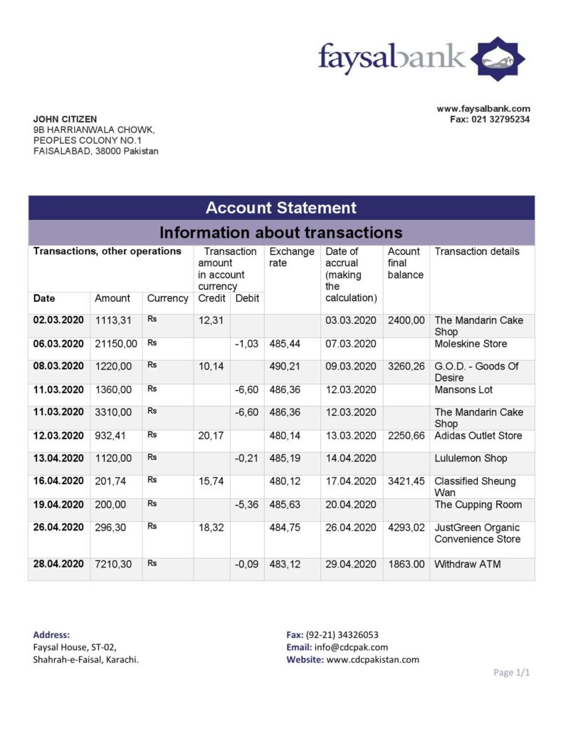 Pakistan Faysal bank statement template in Word and PDF format