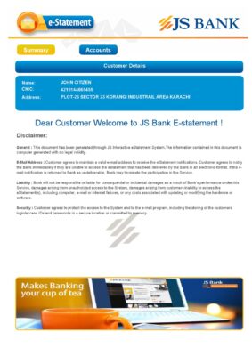 Pakistan JS bank e-statement, Word and PDF template, 3 pages