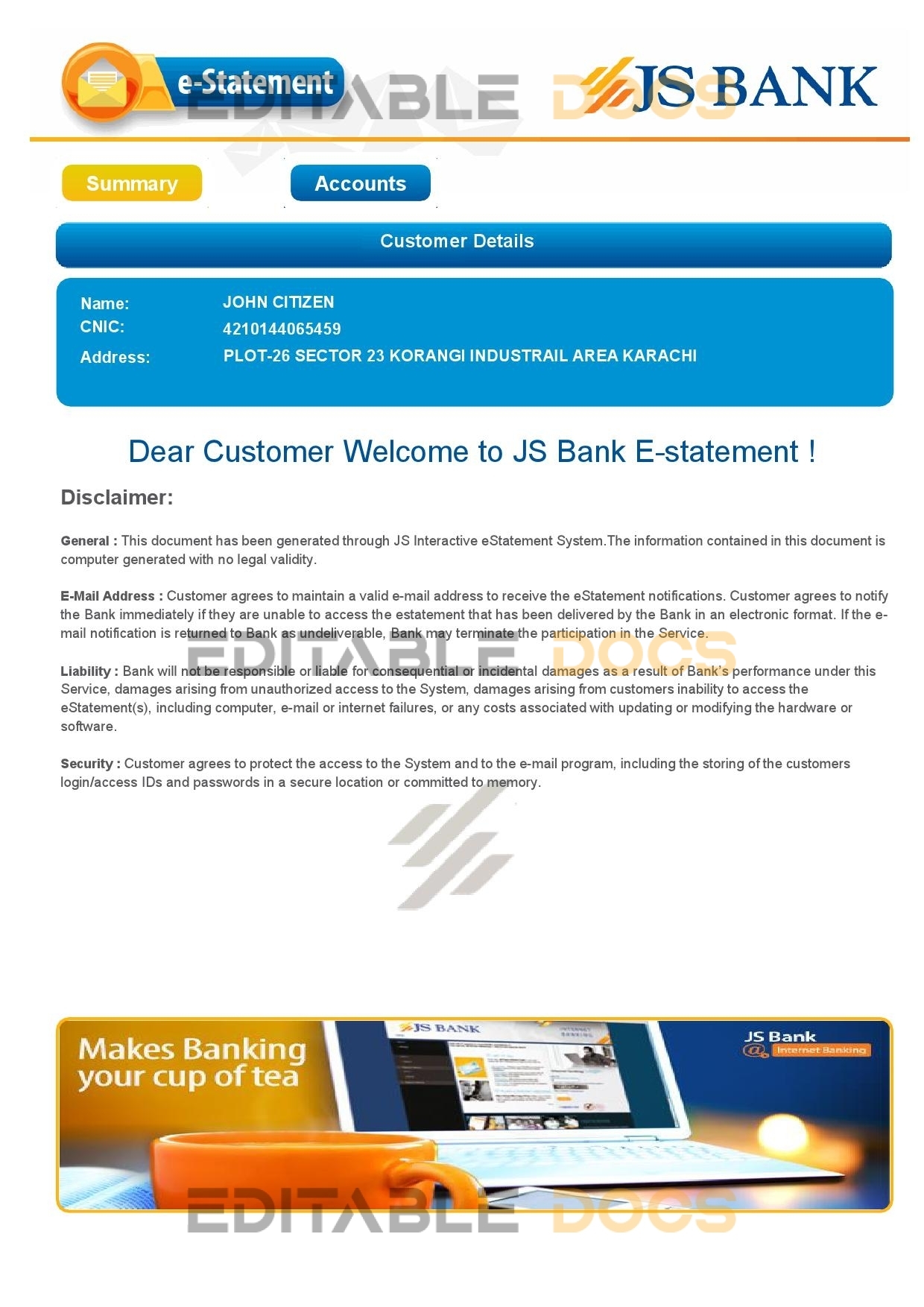Pakistan JS bank e-statement, Word and PDF template, 3 pages