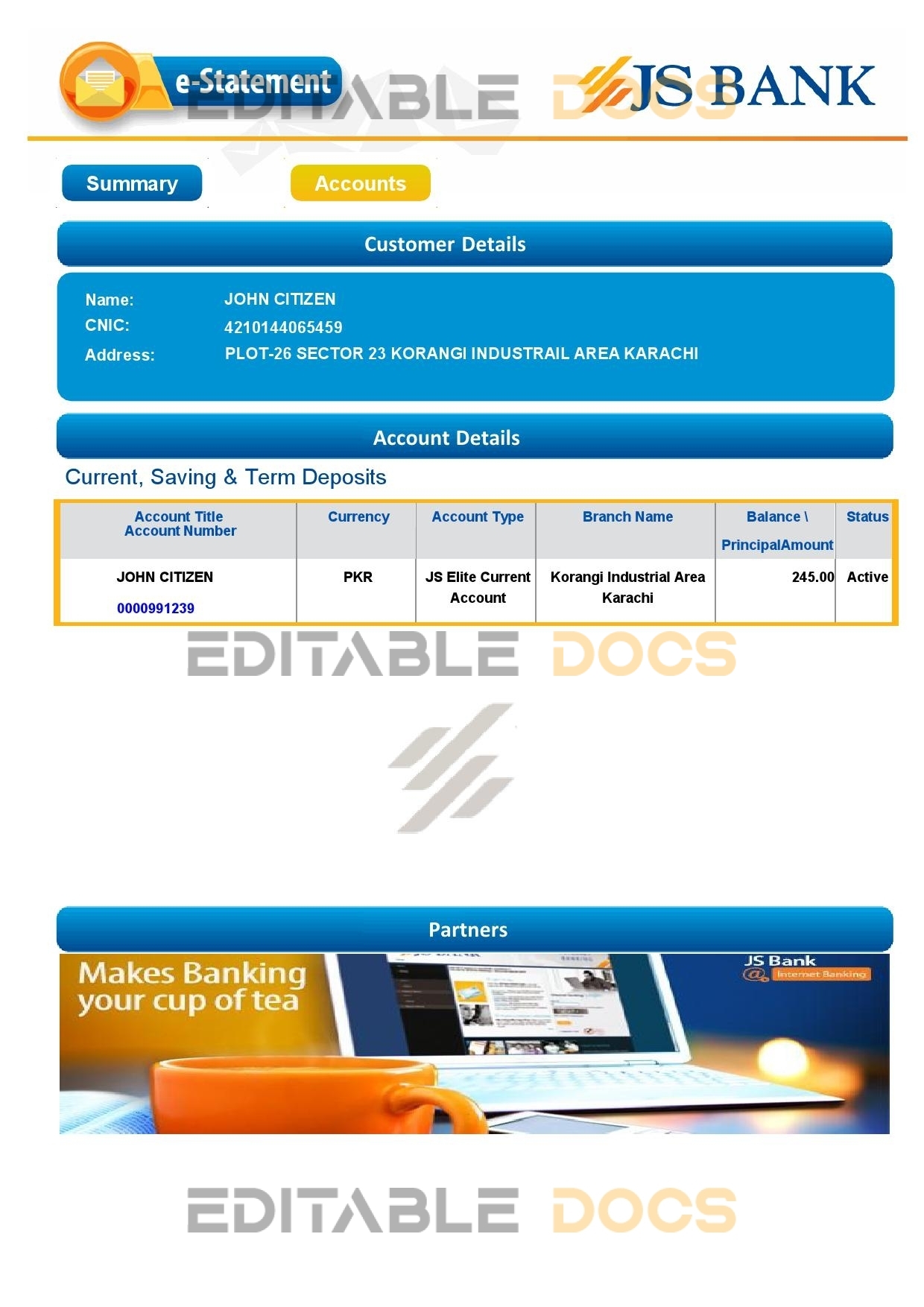 Pakistan JS bank e-statement, Word and PDF template, 3 pages