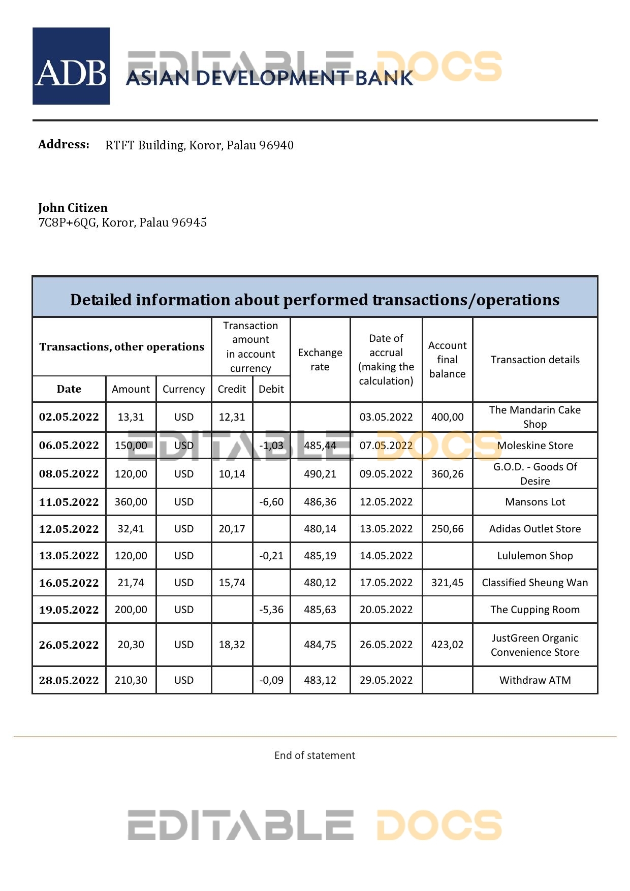 Palau ADB bank statement Excel and PDF template