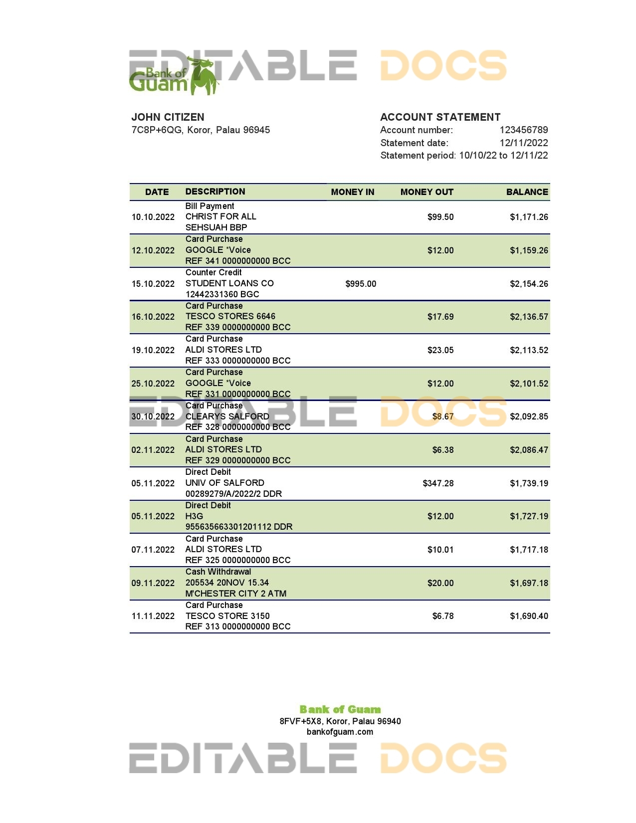 Palau Bank of Guam Bank statement Excel and PDF template
