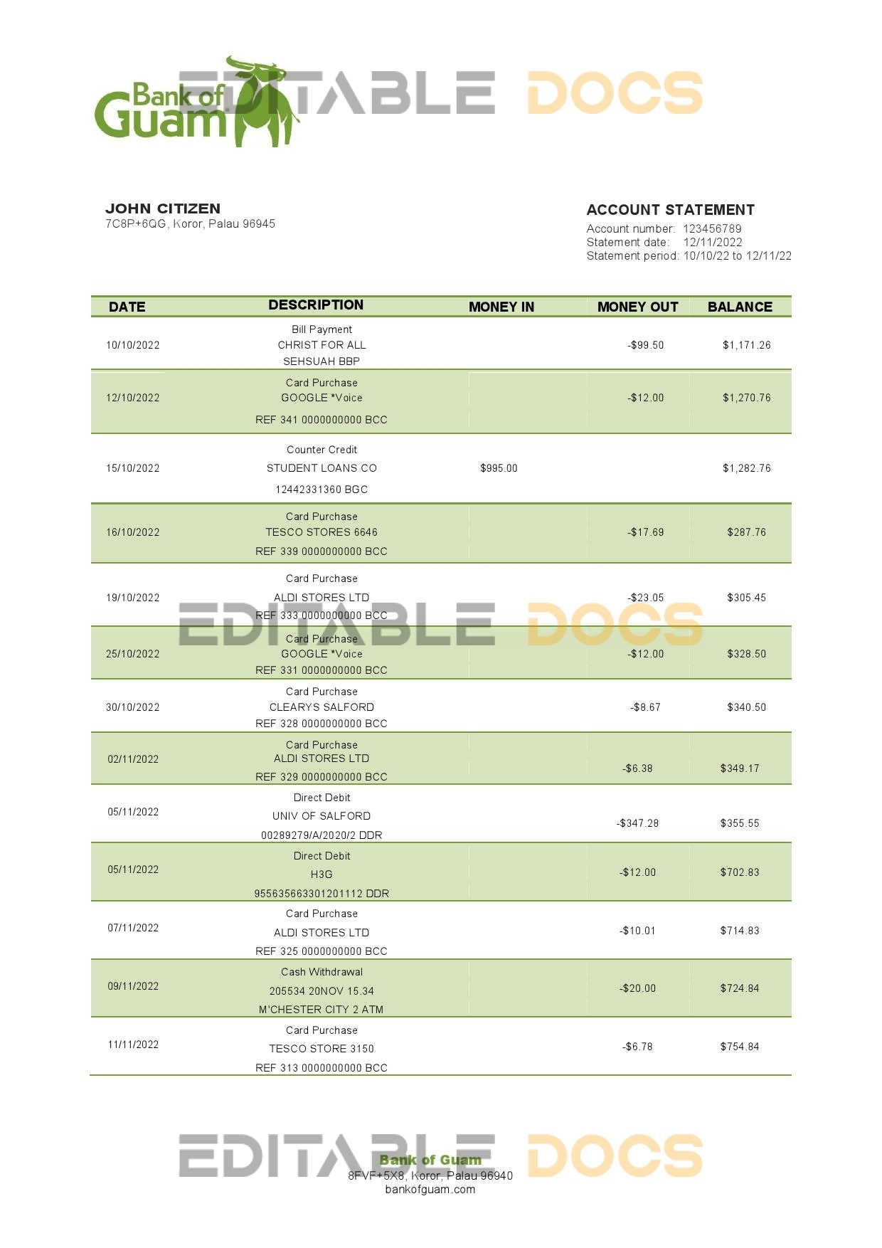 Palau Bank of Guam bank statement template in Word and PDF format