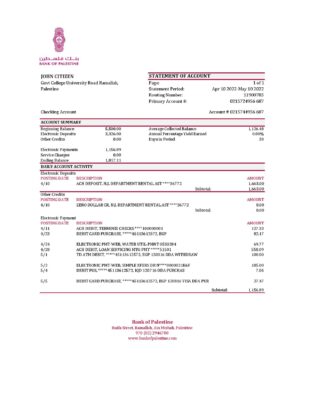 Palestine Bank of Palestine bank statement Excel and PDF template