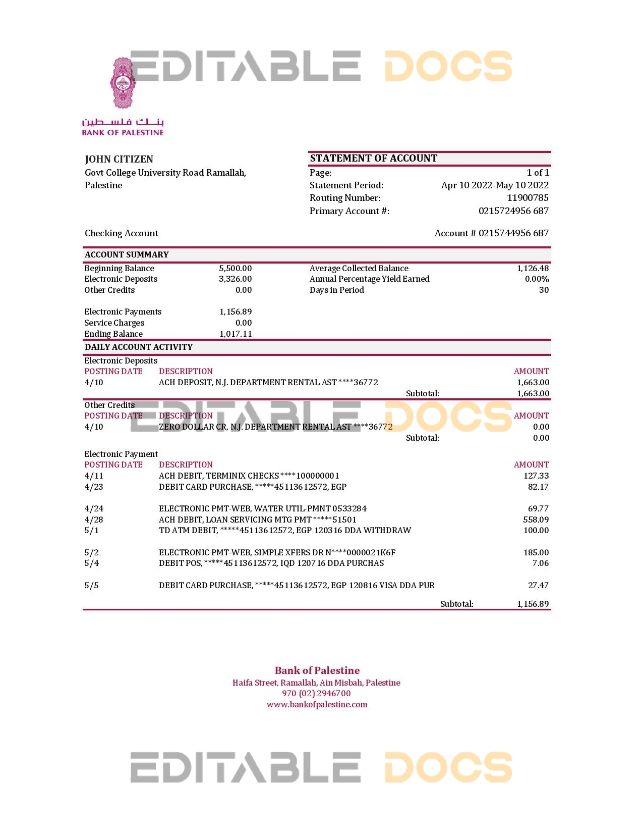 Palestine Bank of Palestine bank statement Excel and PDF template