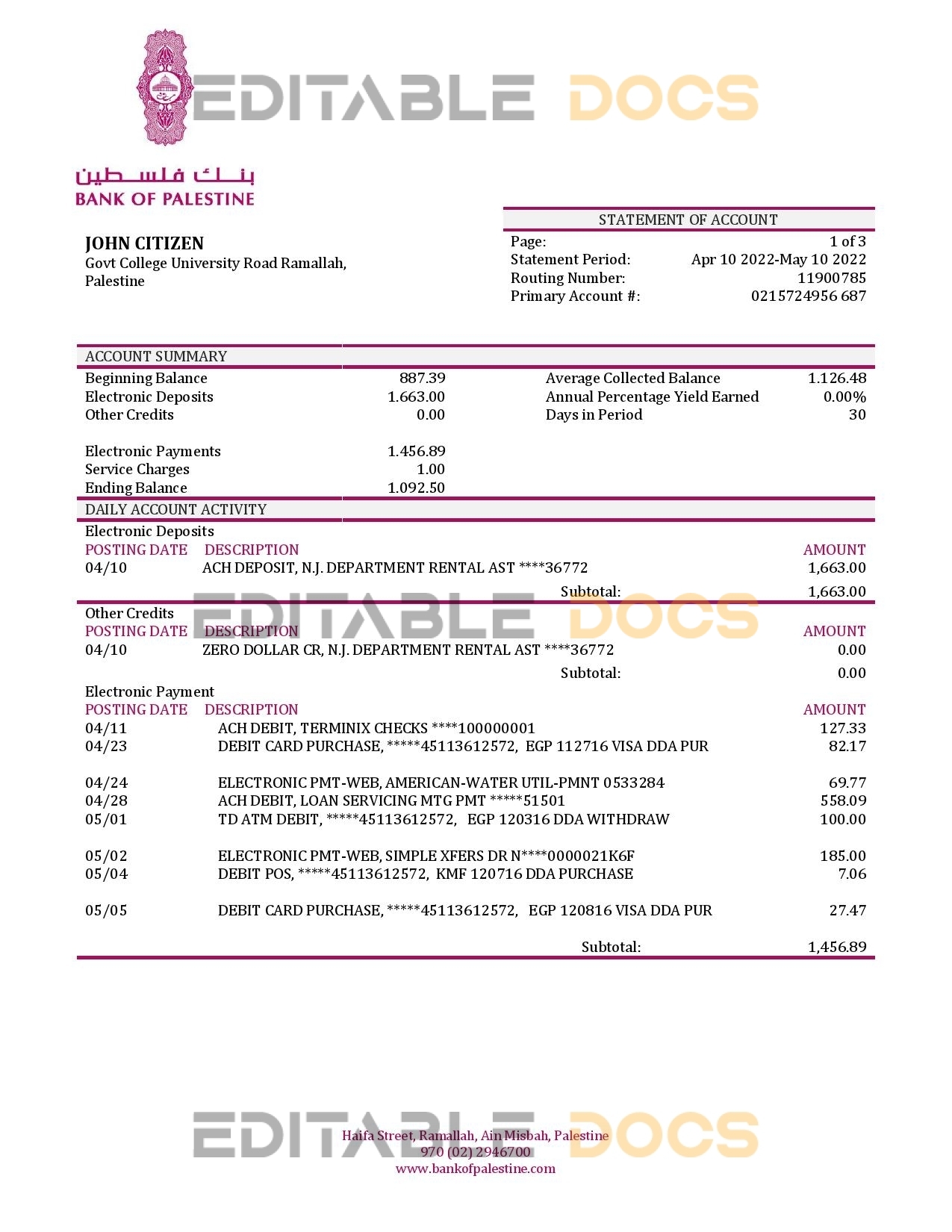 Palestine Bank of Palestine bank statement template in Word and PDF format