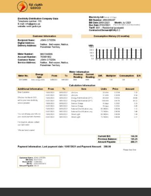 Palestine Electricity Distribution Company Gaza (GEDCO) utility bill template in Word and PDF format