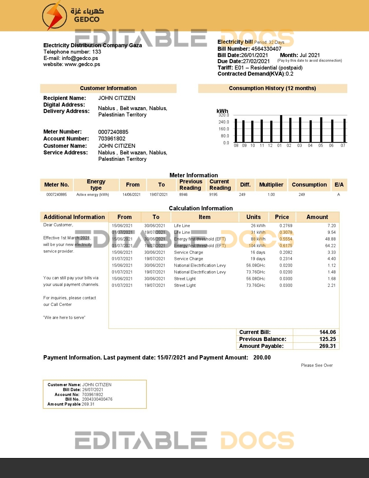 Palestine Electricity Distribution Company Gaza (GEDCO) utility bill template in Word and PDF format