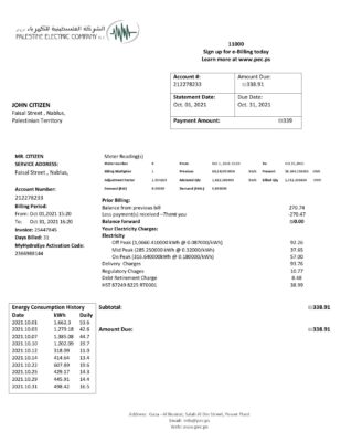 Palestine Electric Company (PEC) utility bill template in Word and PDF format