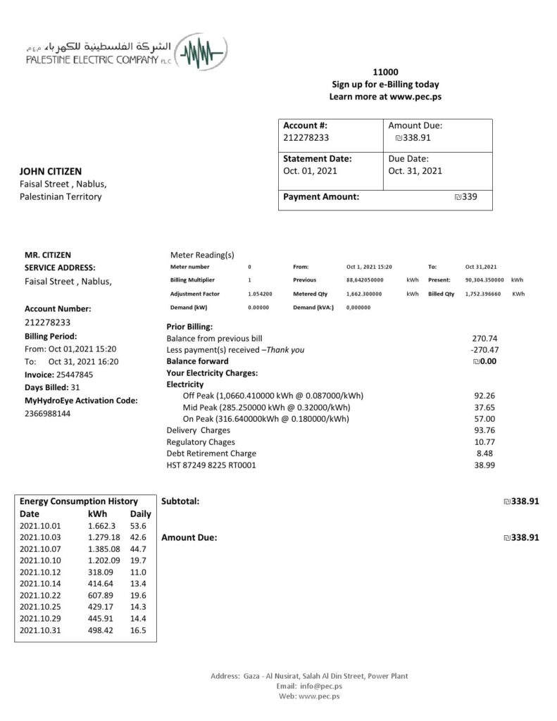 Palestine Electric Company (PEC) utility bill template in Word and PDF format