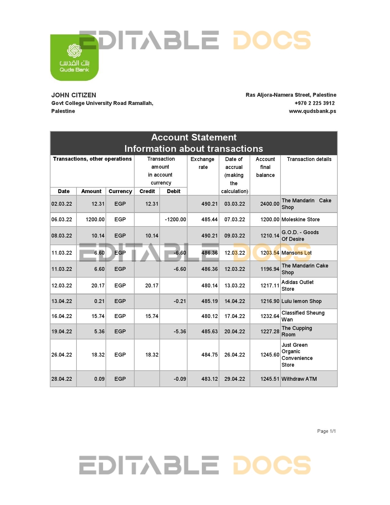 Palestine Quds bank statement Excel and PDF template