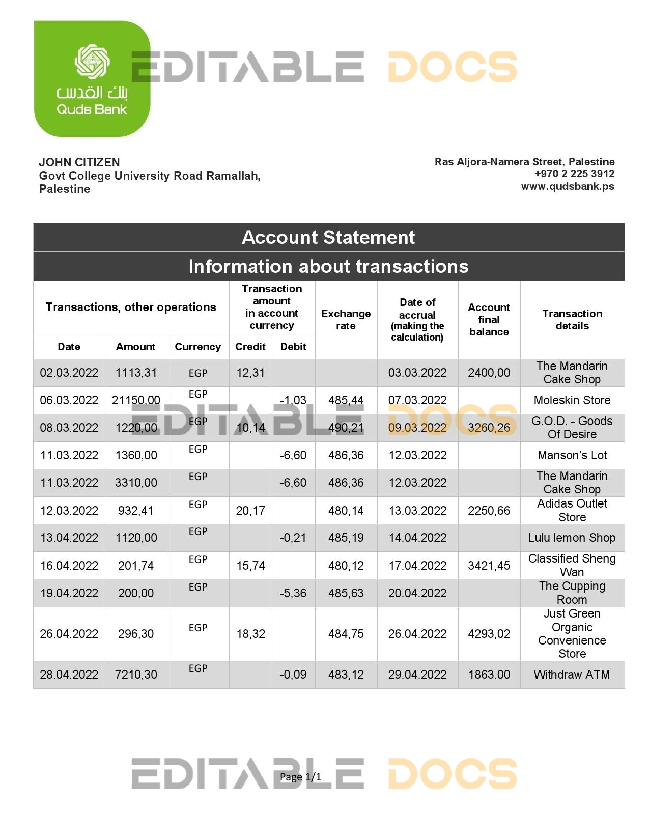 Palestine Quds bank statement template in Word and PDF format
