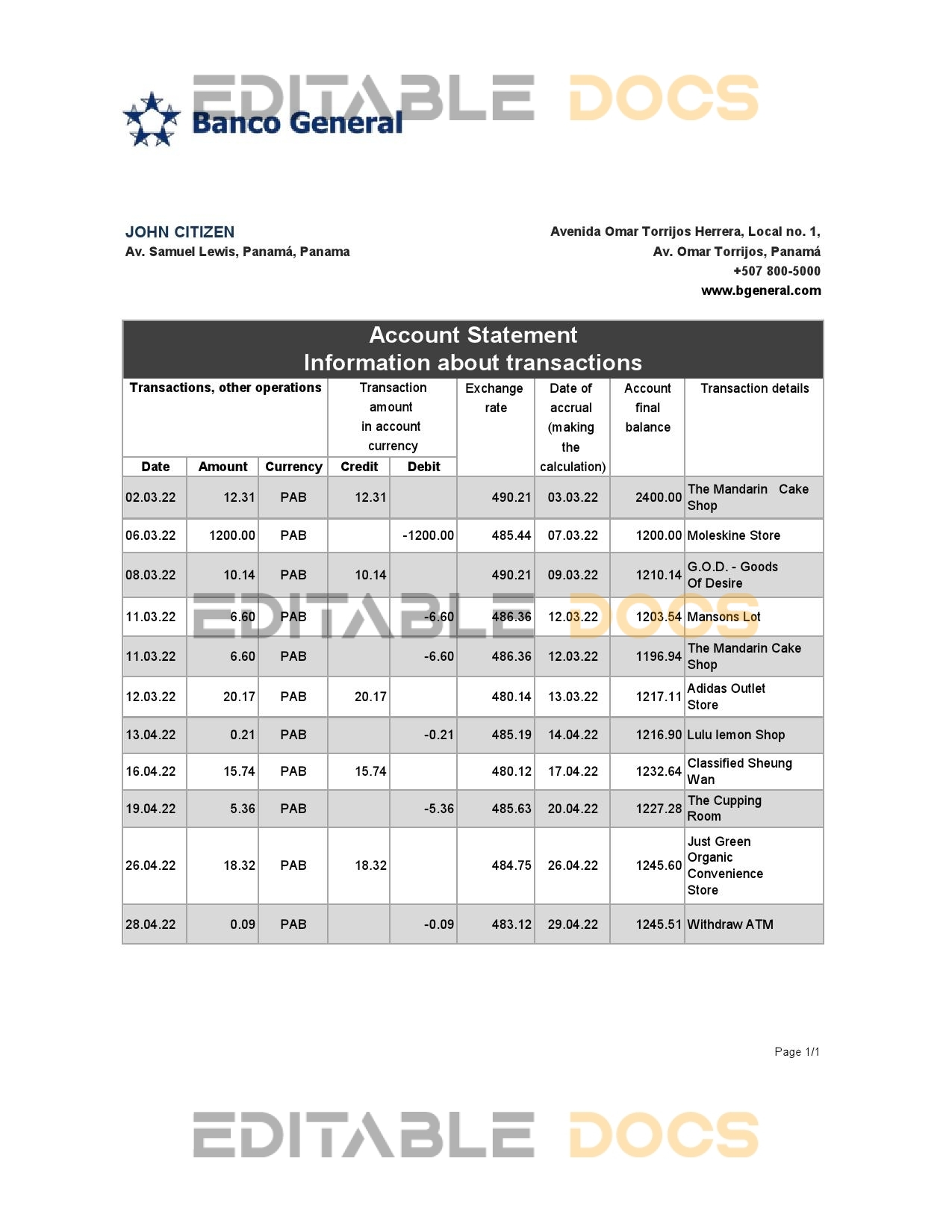 Panama Banco General bank statement Excel and PDF template