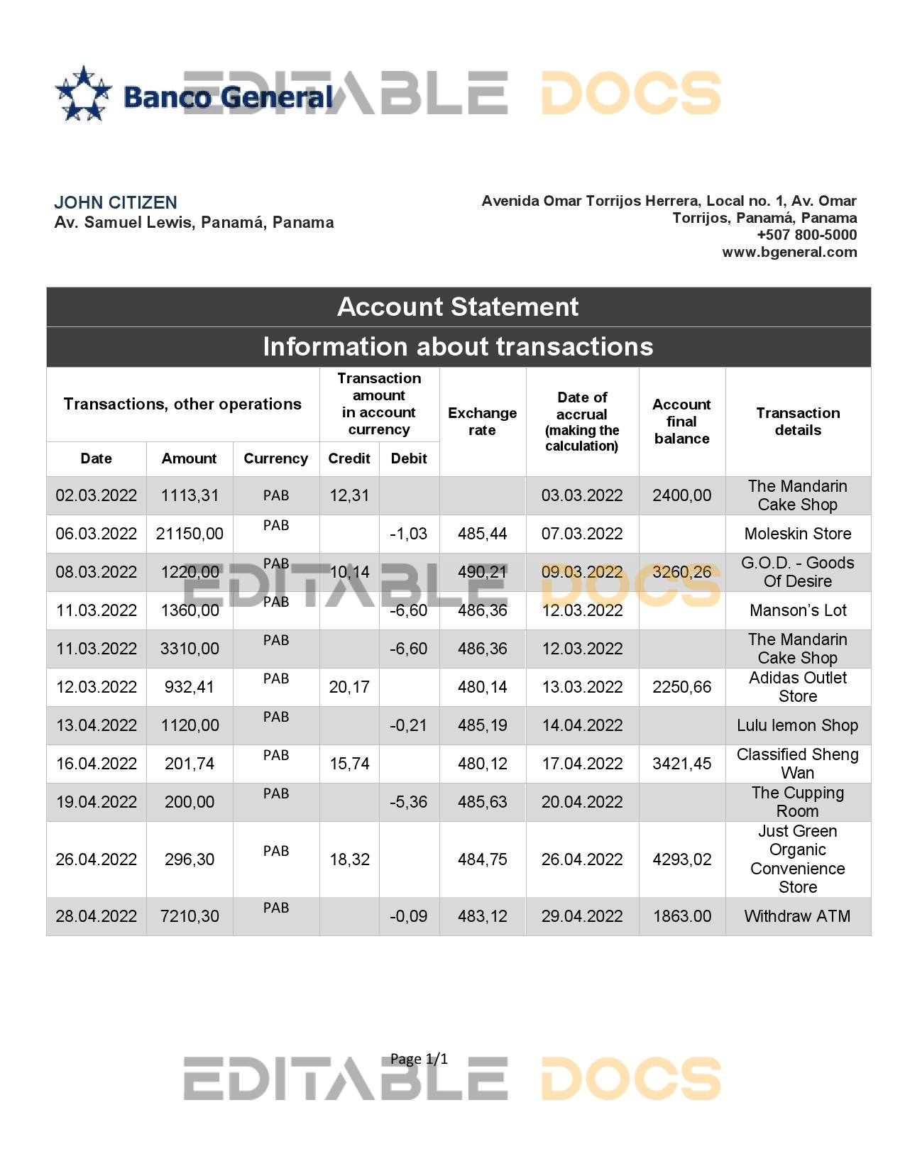 Panama Banco General bank statement template in Word and PDF format