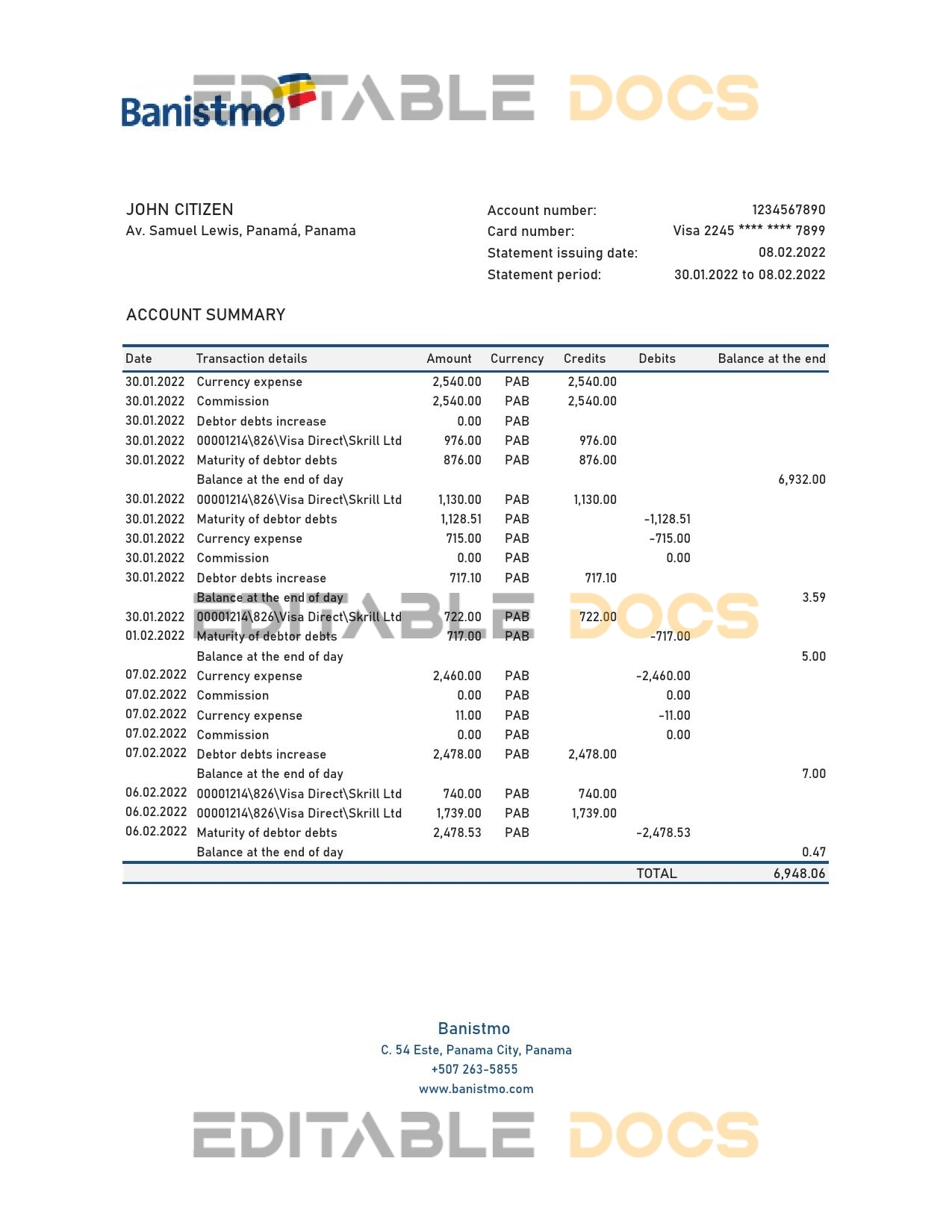 Panama Banistmo bank statement Excel and PDF template