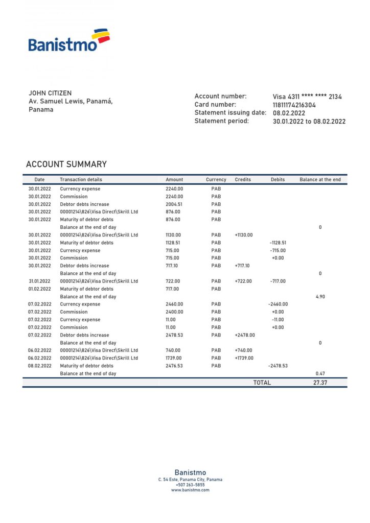 Panama Banistmo bank statement template in Word and PDF format
