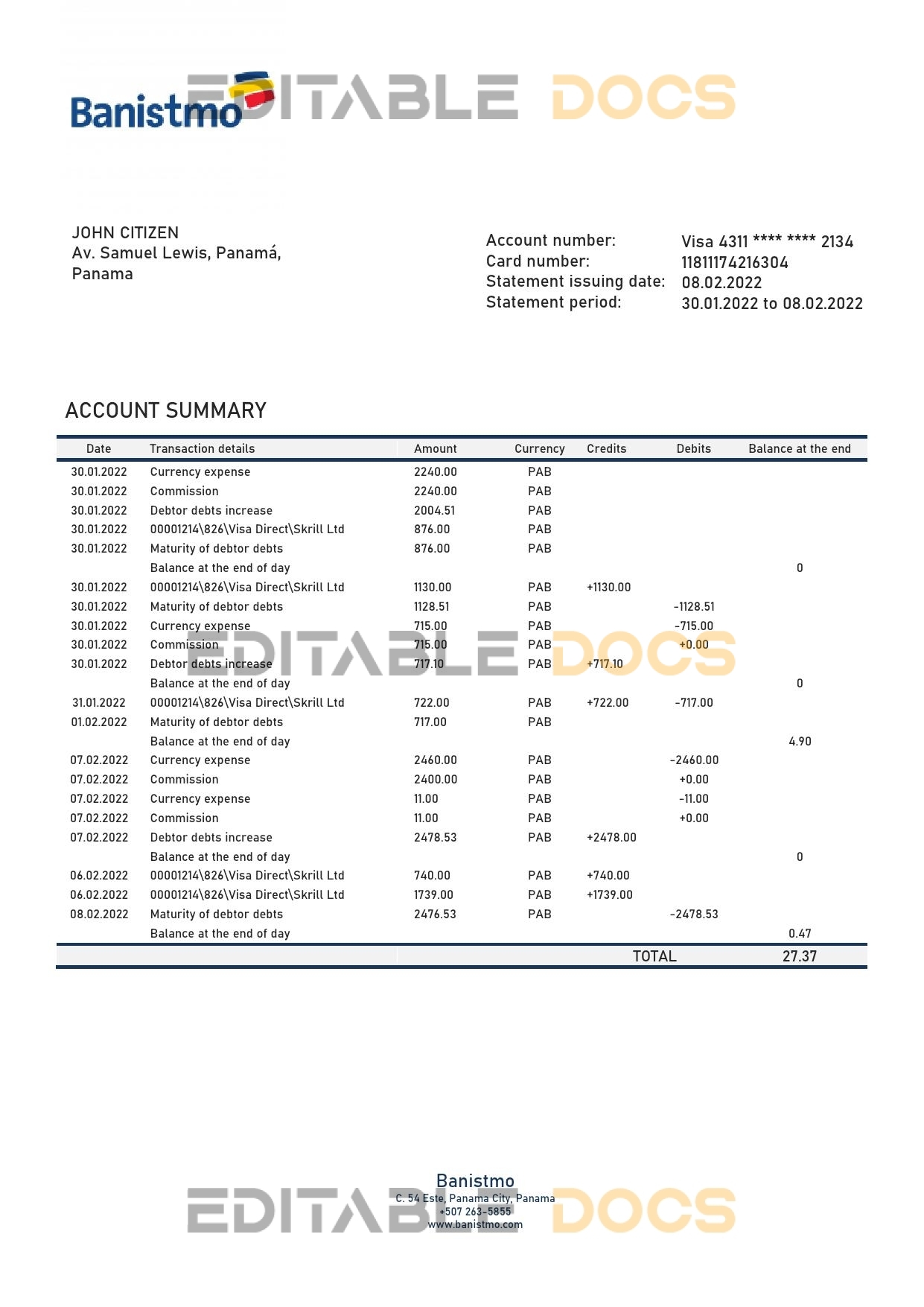 Panama Banistmo bank statement template in Word and PDF format