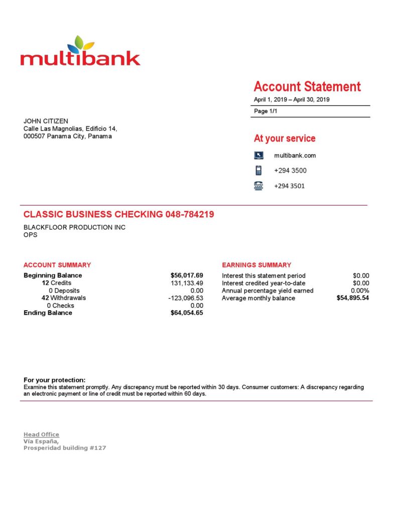 Panama Multibank proof of address bank statement template in Word and PDF format