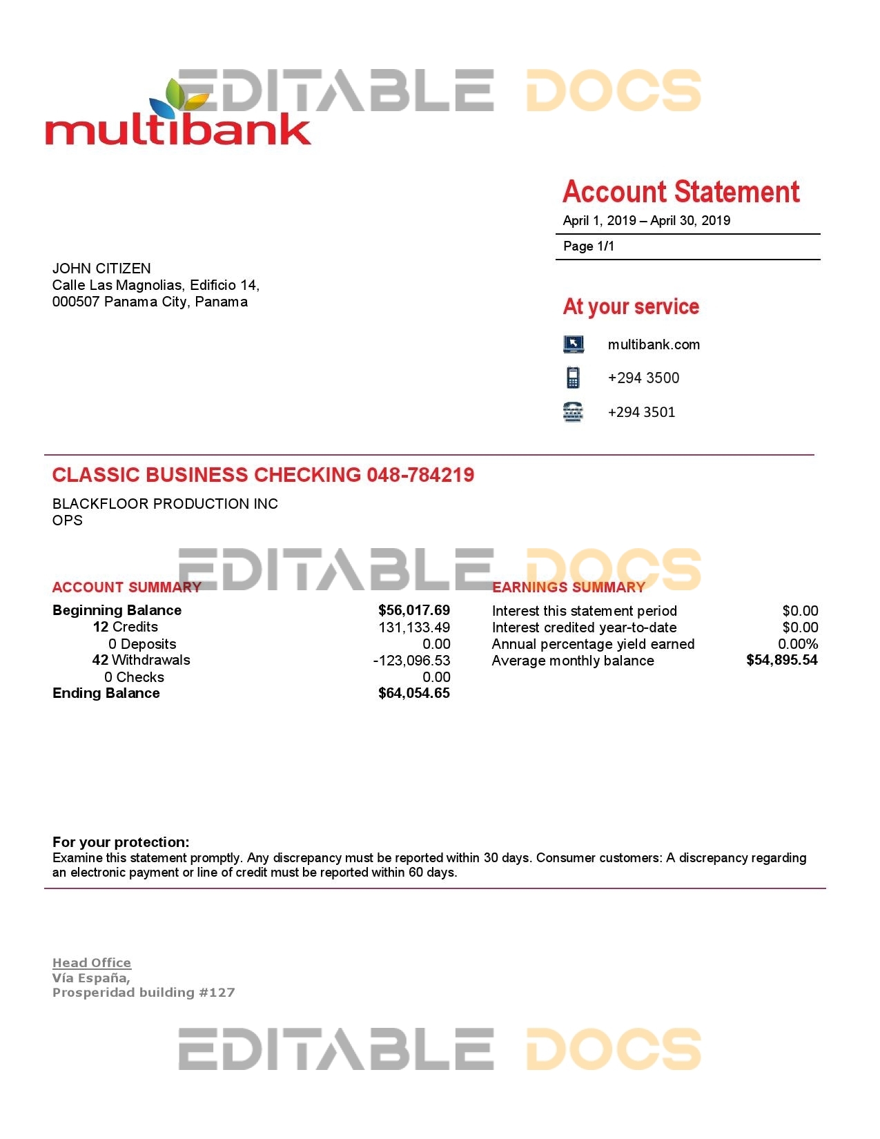 Panama Multibank proof of address bank statement template in Word and PDF format
