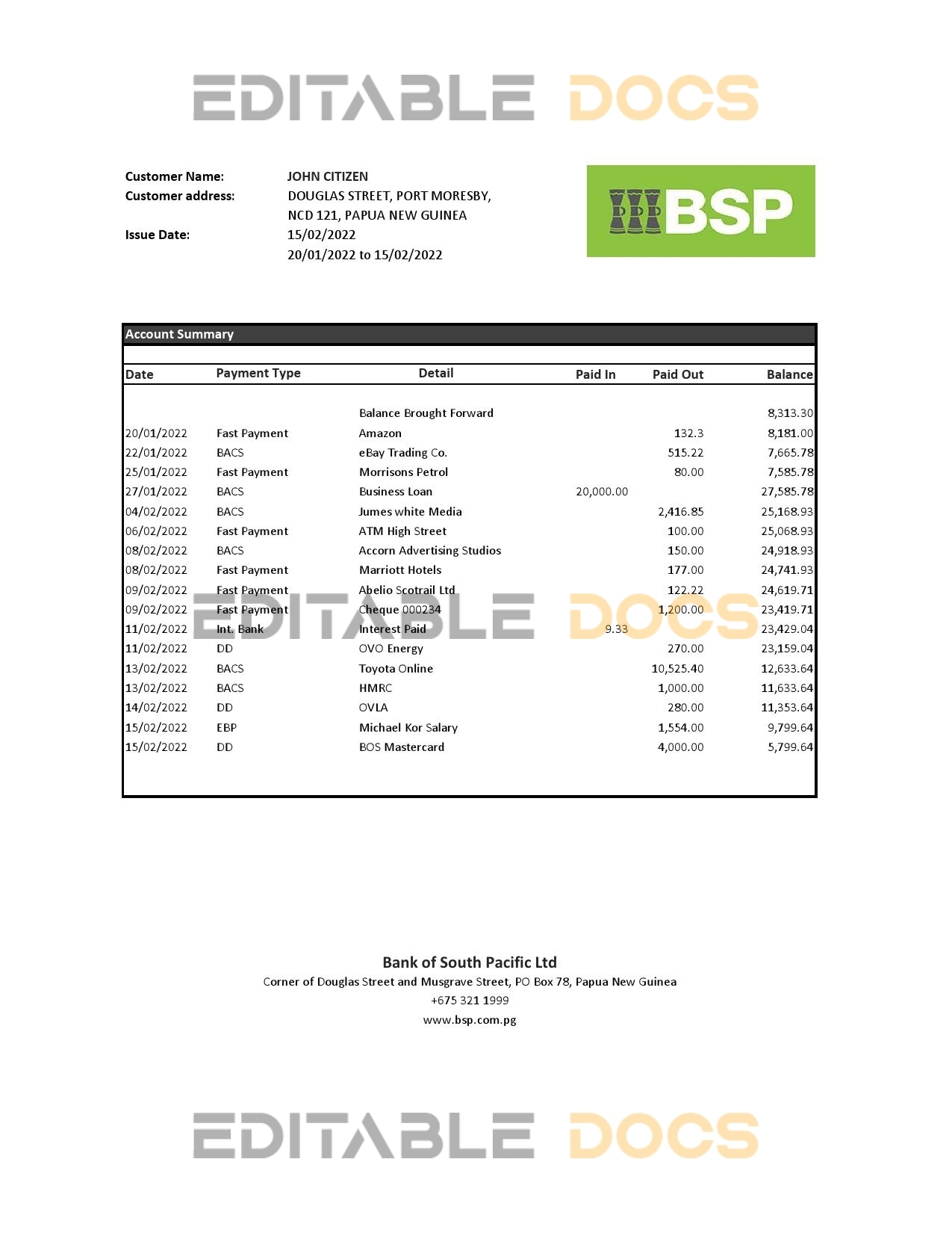 Papua New Guinea BSP bank statement Excel and PDF template