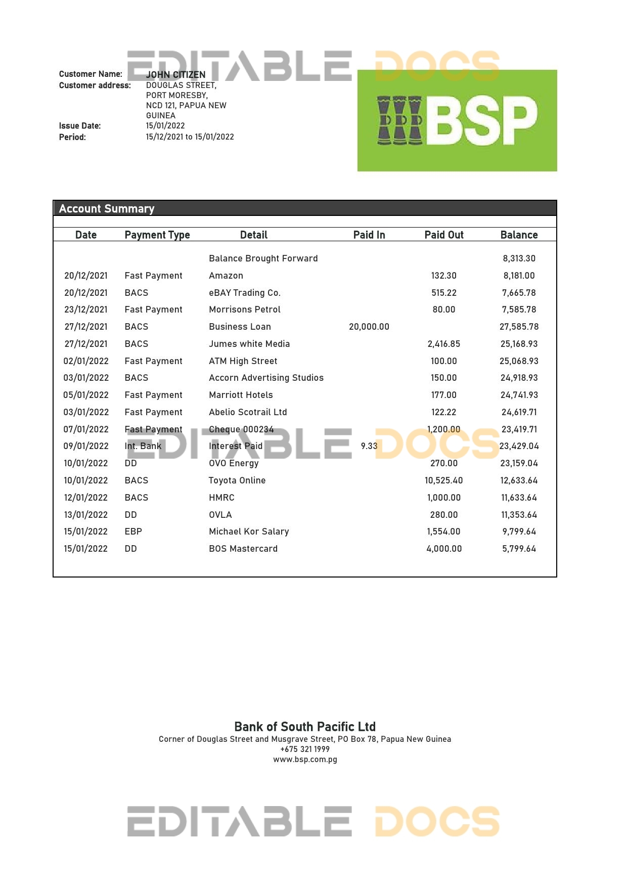 Papua New Guinea BSP bank statement template in Word and PDF format