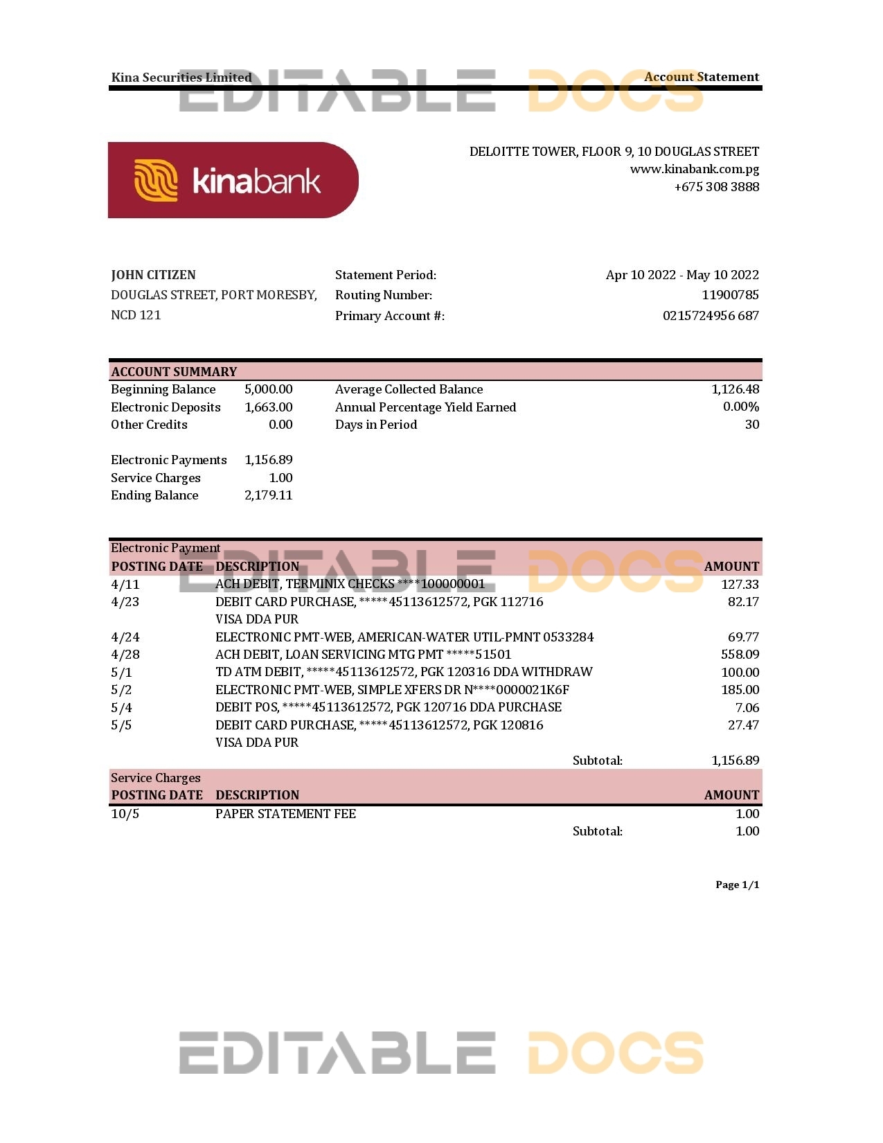 Papua New Guinea Kina Securities Limites bank statement Excel and PDF template