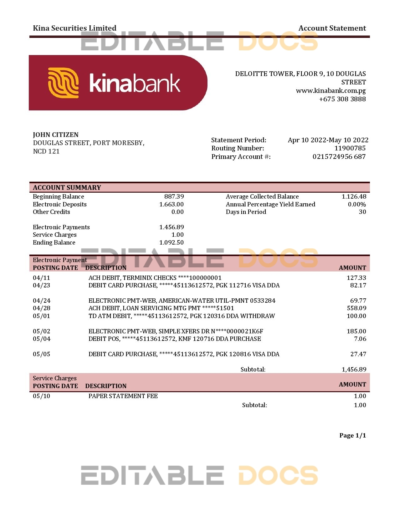 Papua New Guinea Kina Securities Limites bank statement template in Word and PDF format
