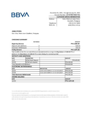 Paraguay BBVA bank statement Excel and PDF template