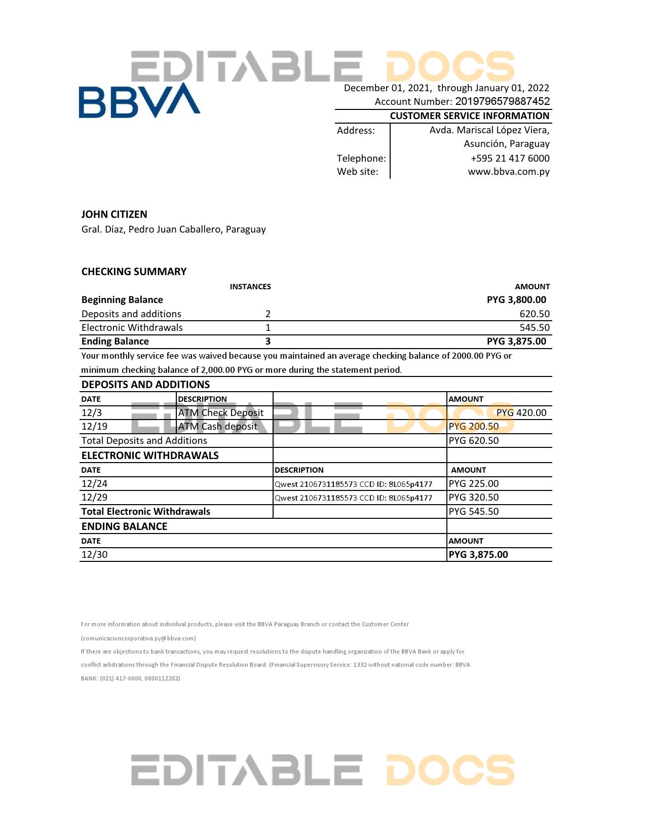 Paraguay BBVA bank statement Excel and PDF template
