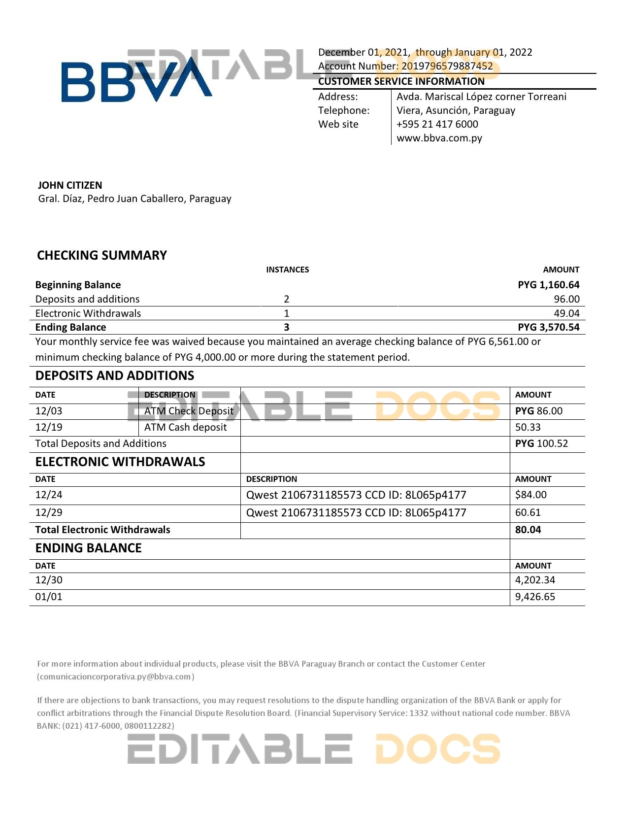 Paraguay BBVA bank statement template in Word and PDF format