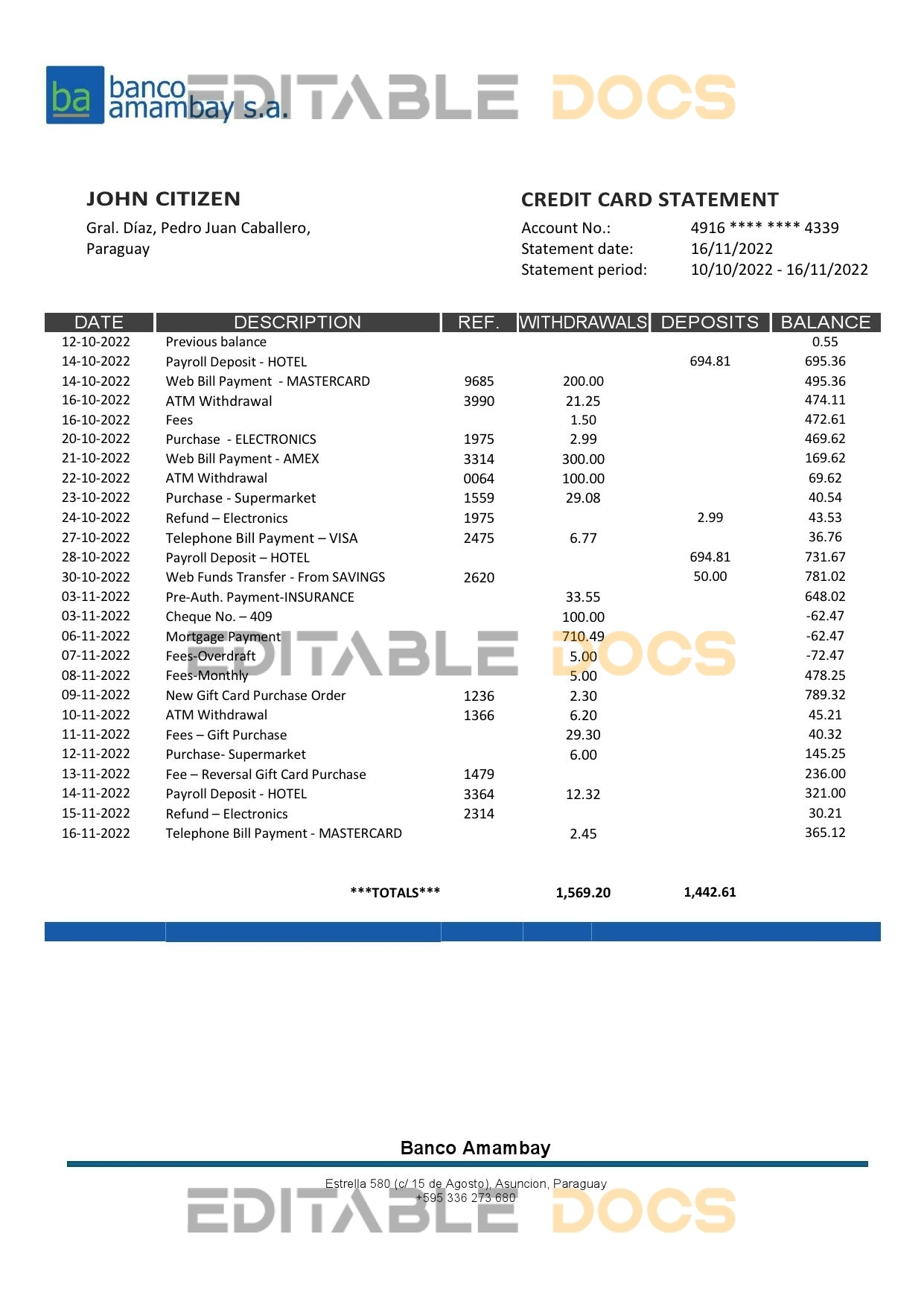 Paraguay Banco Amambay bank statement template in Word and PDF format
