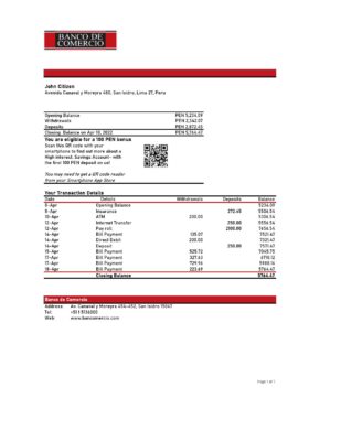 Peru Banco de Comercio bank statement Excel and PDF template