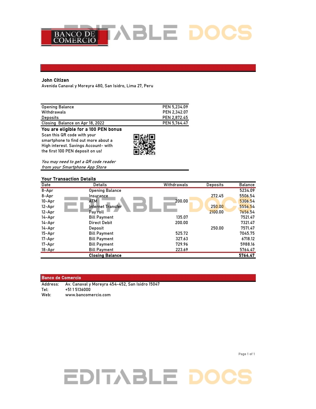 Peru Banco de Comercio bank statement Excel and PDF template