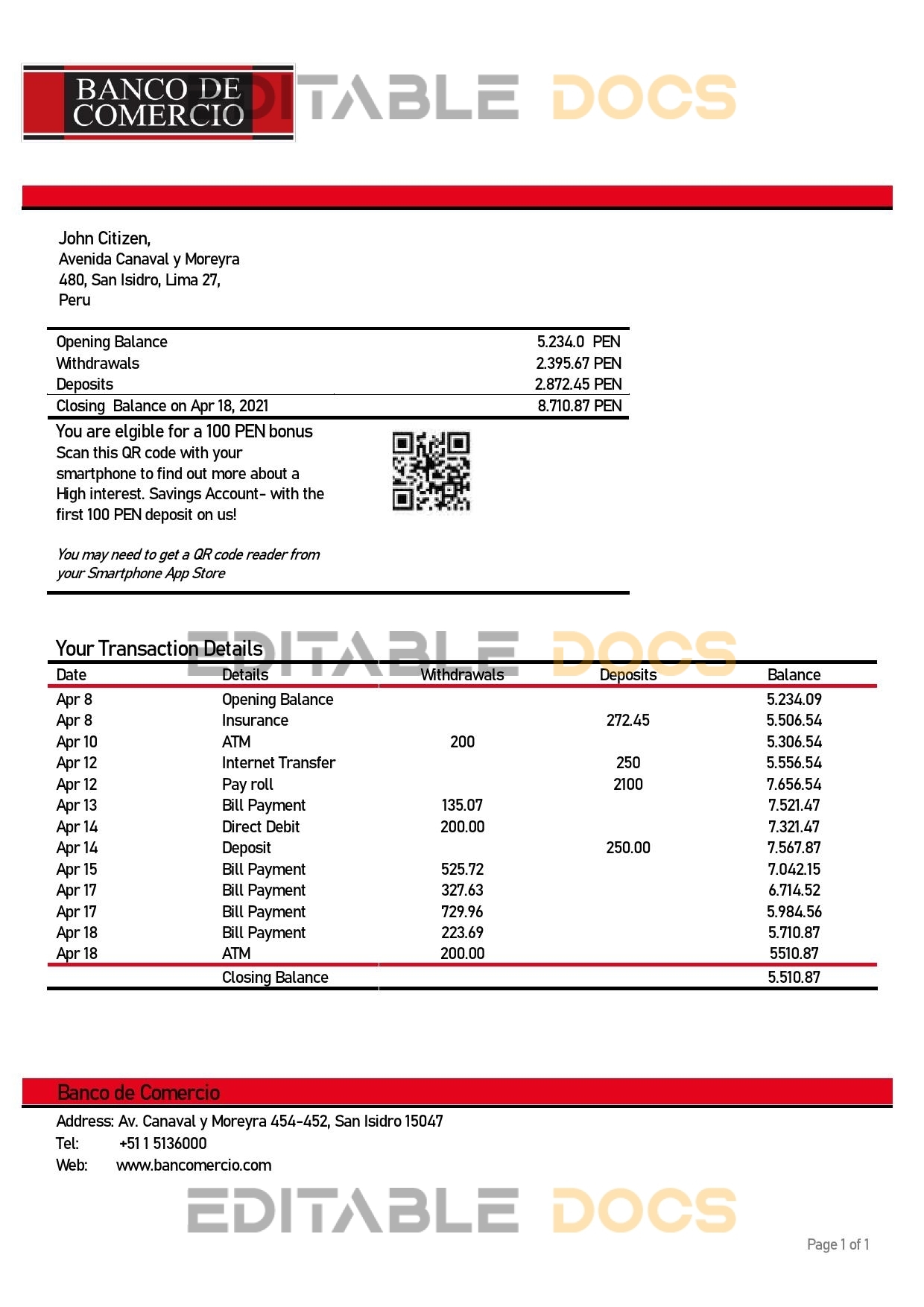 Peru Banco de Comercio bank statement template in Word and PDF format