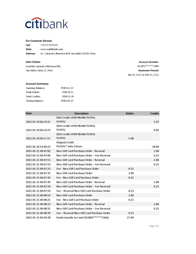 Peru Citibank bank statement Excel and PDF template