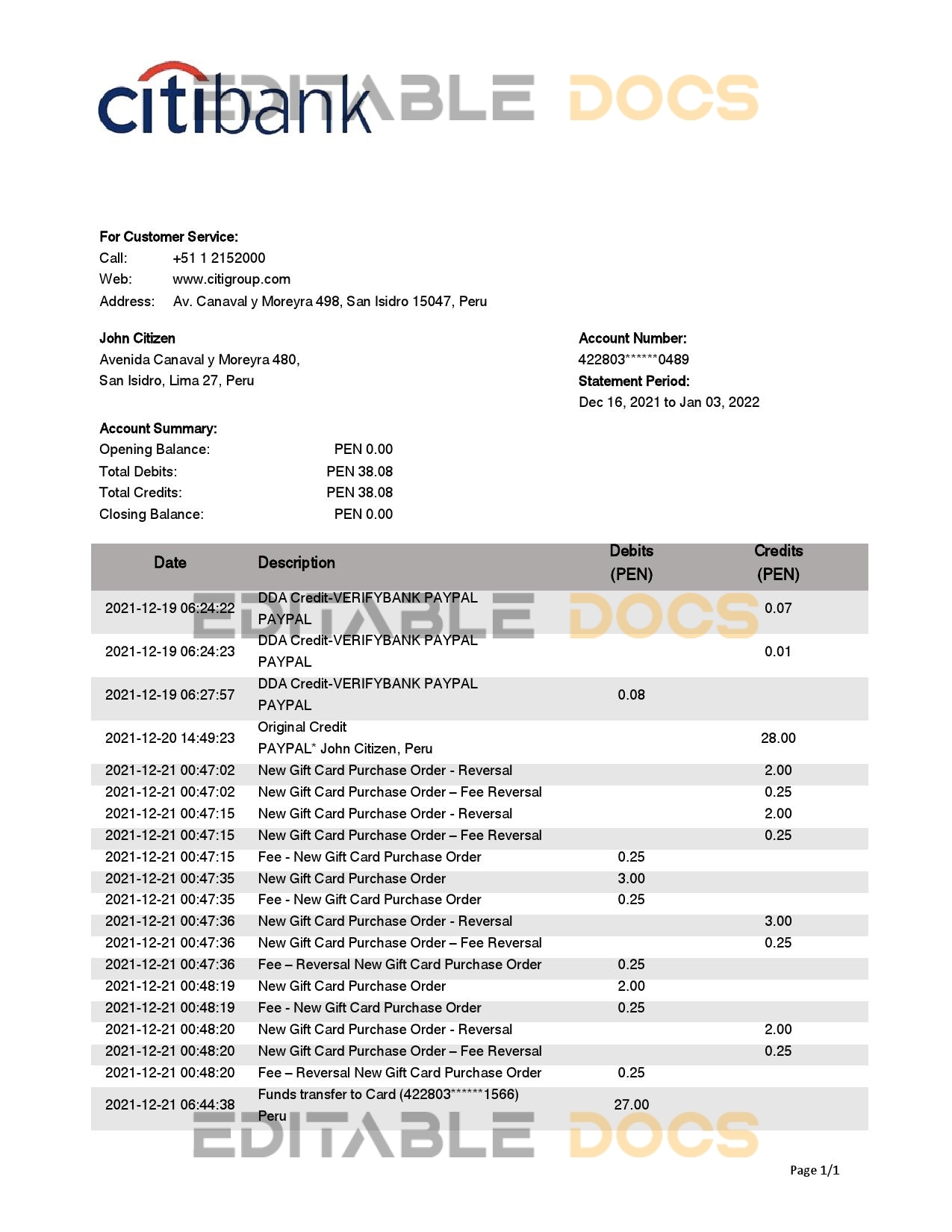 Peru Citibank bank statement template in Word and PDF format