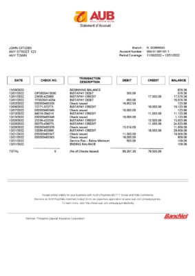 Philippines Asia United Bank (AUB) account statement Word and PDF template