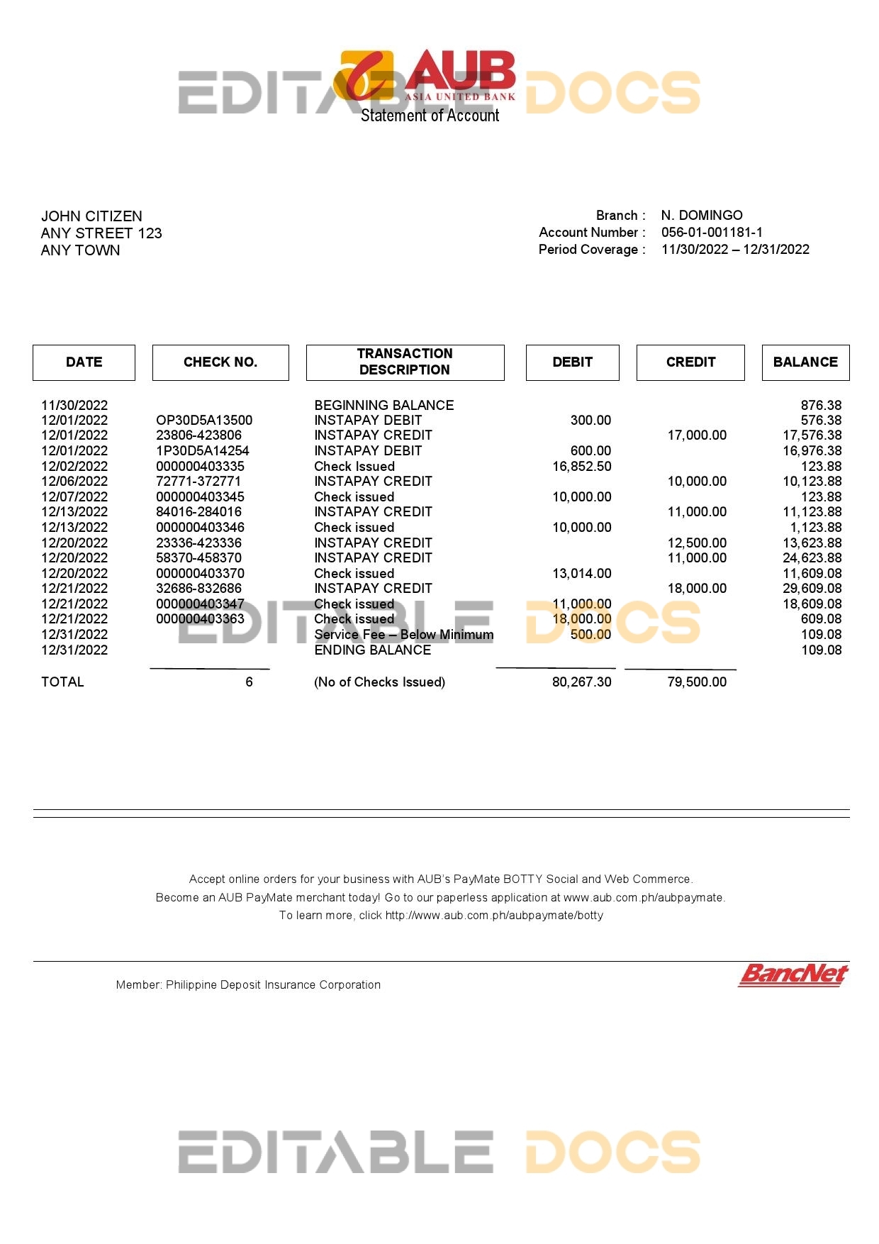 Philippines Asia United Bank (AUB) account statement Word and PDF template