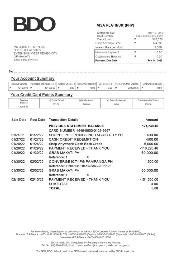 Philippines BDO bank credit card statement, Word and PDF template, 2 pages 1