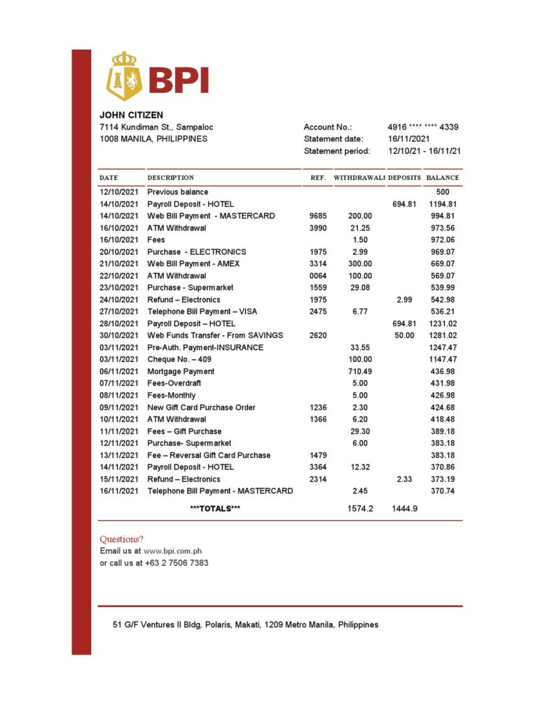 Philippines Bank of the Philippine bank statement easy to fill template in Excel and PDF format