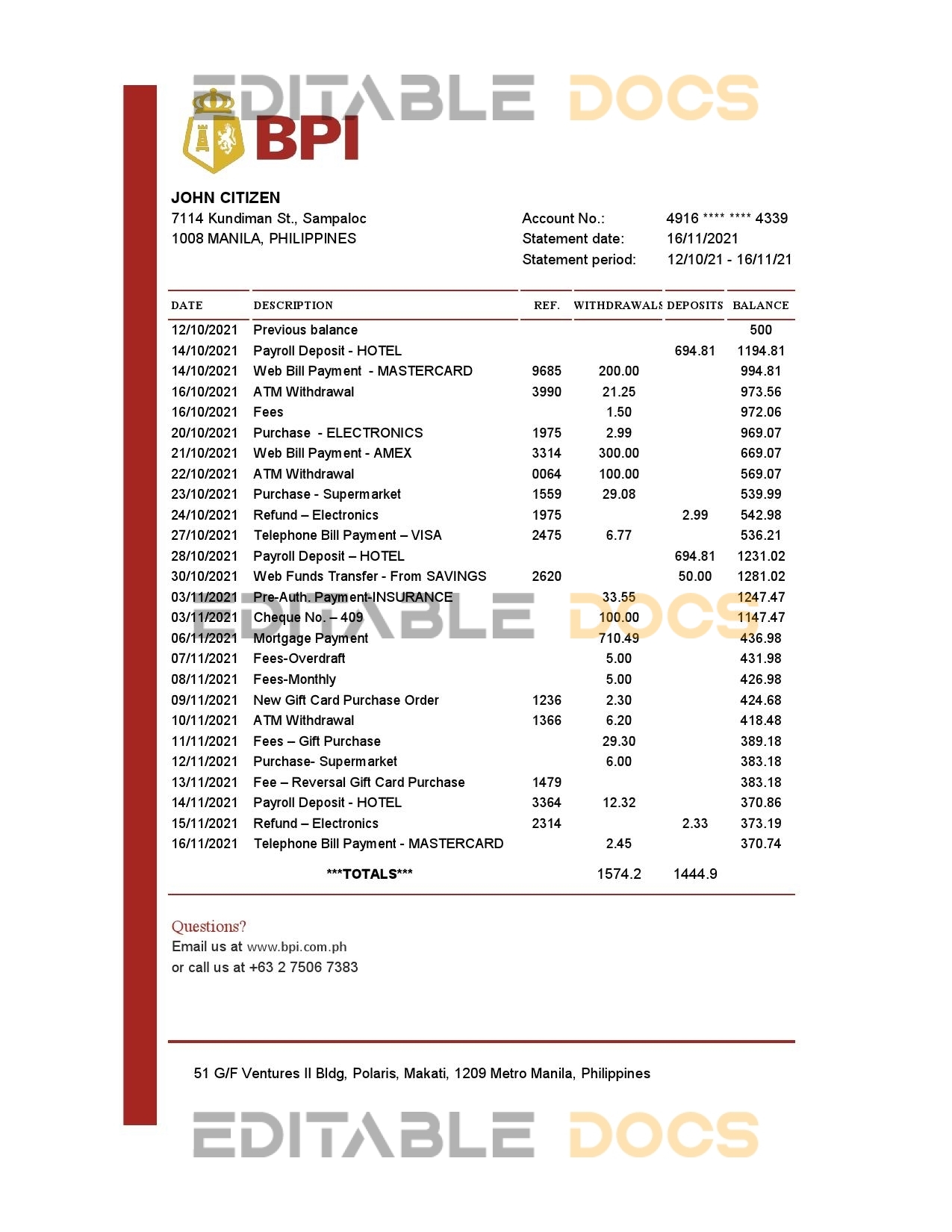 Philippines Bank of the Philippine bank statement easy to fill template in Excel and PDF format
