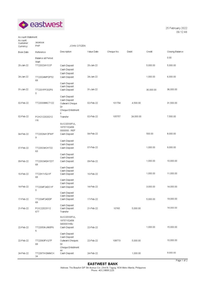 Philippines EastWest bank statement template in Excel and PDF format