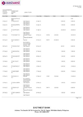 Philippines EastWest bank statement template in Word and PDF format