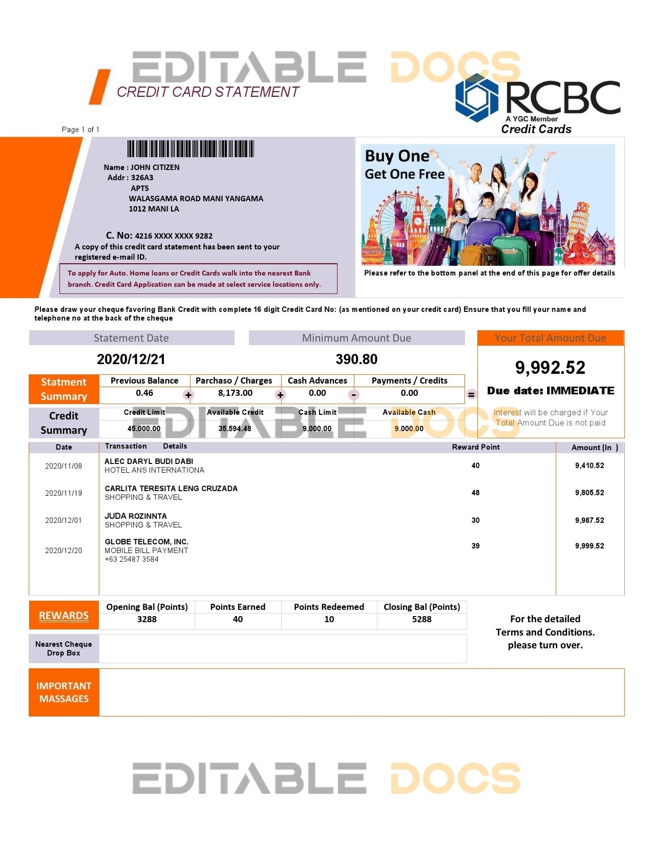 Philippines Rizal Commercial Banking Corporation (RCBC) credit card statement template in Word and PDF format