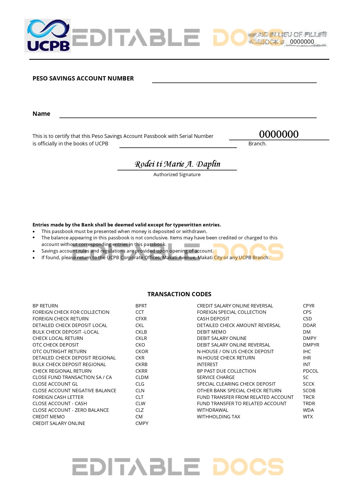 Philippines The United Coconut Planters Bank (UCPB) passbook template in Word and PDF format